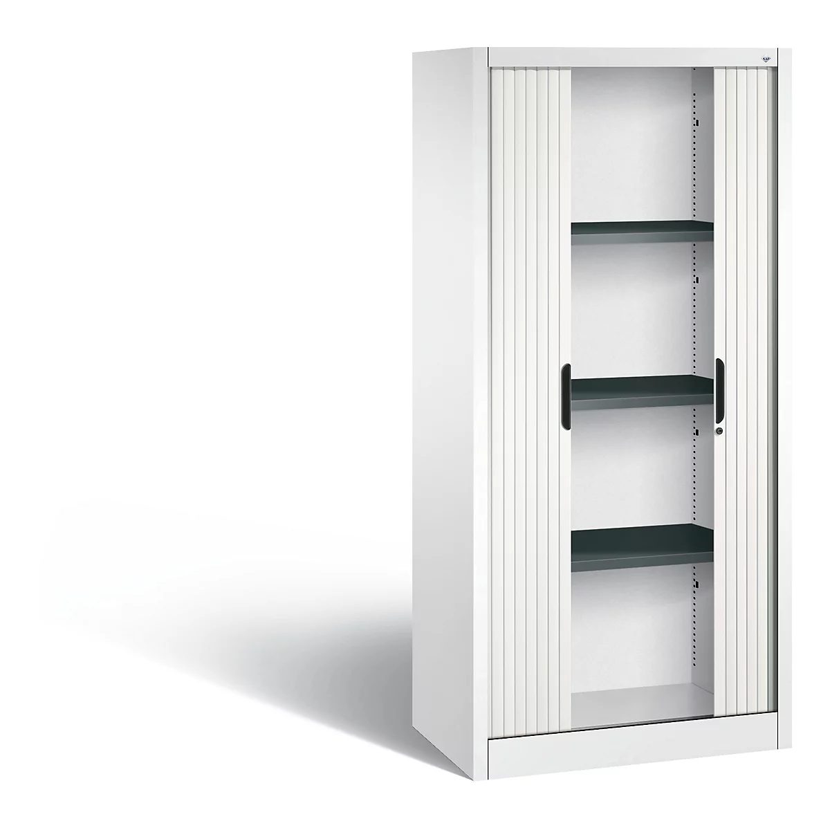 White filing cabinet with roller shutter and three shelves.