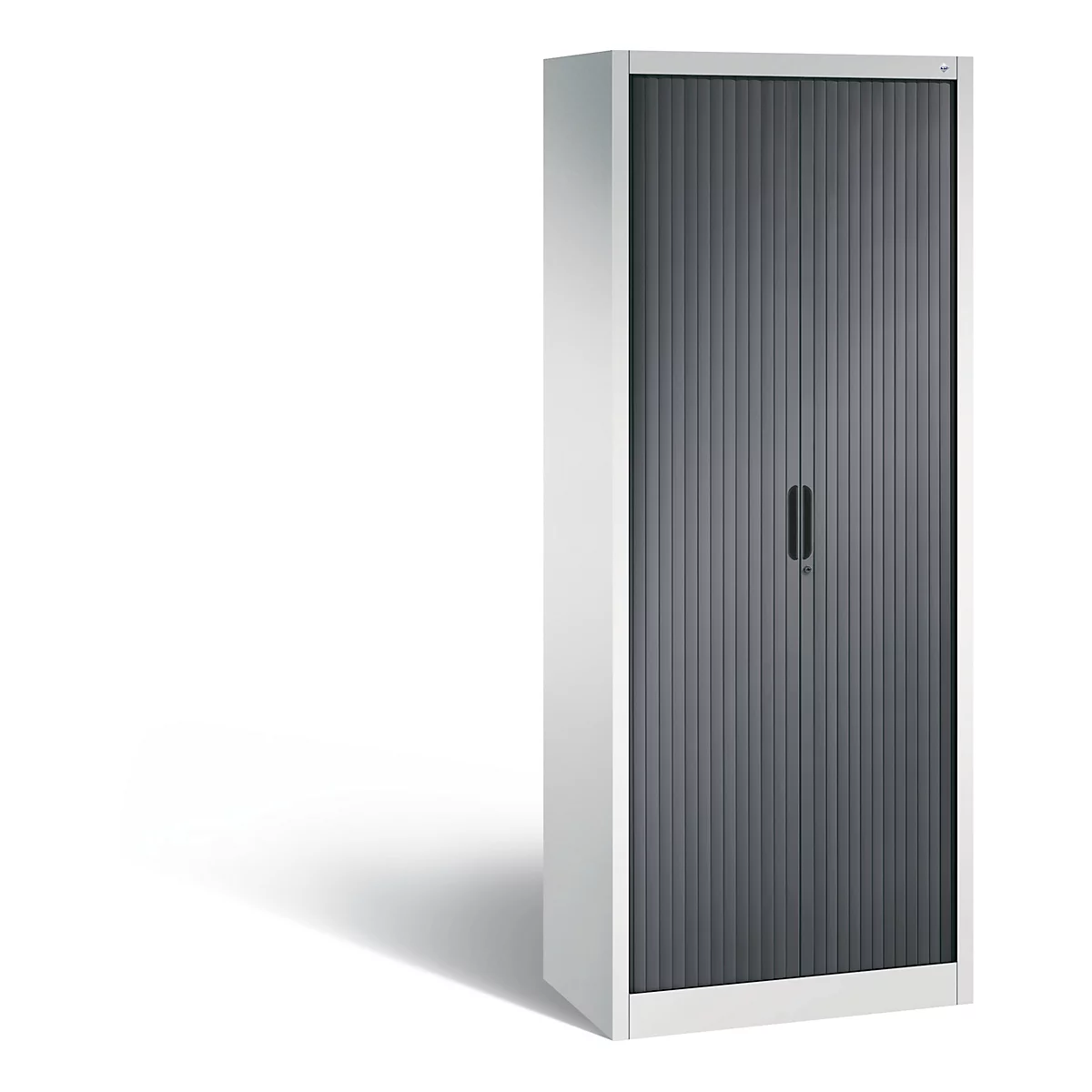 Grey cabinet with ribbed doors and handle against a white background. A shadow casts on the image.