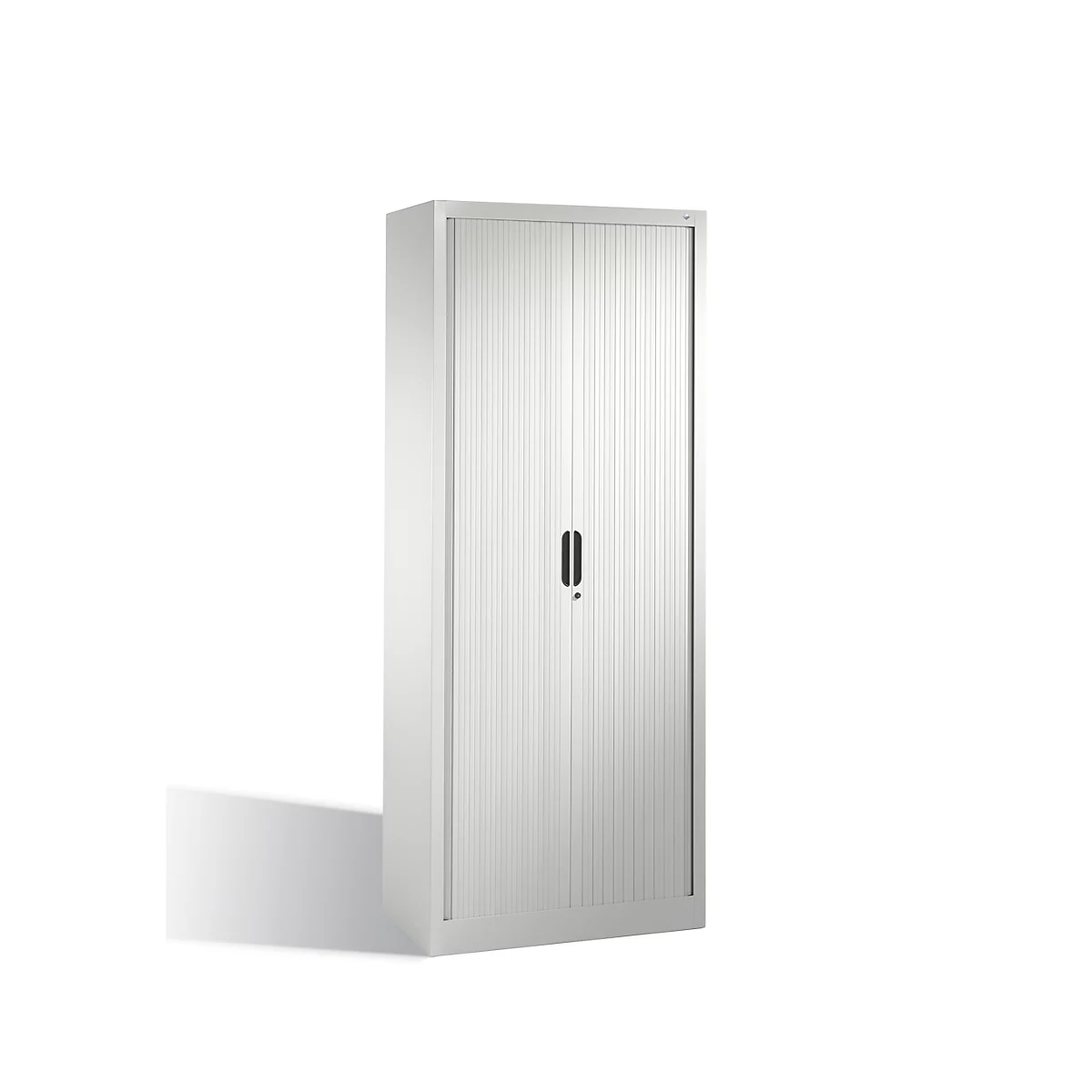 Tall, grey steel cabinet with slatted front and two narrow handles.