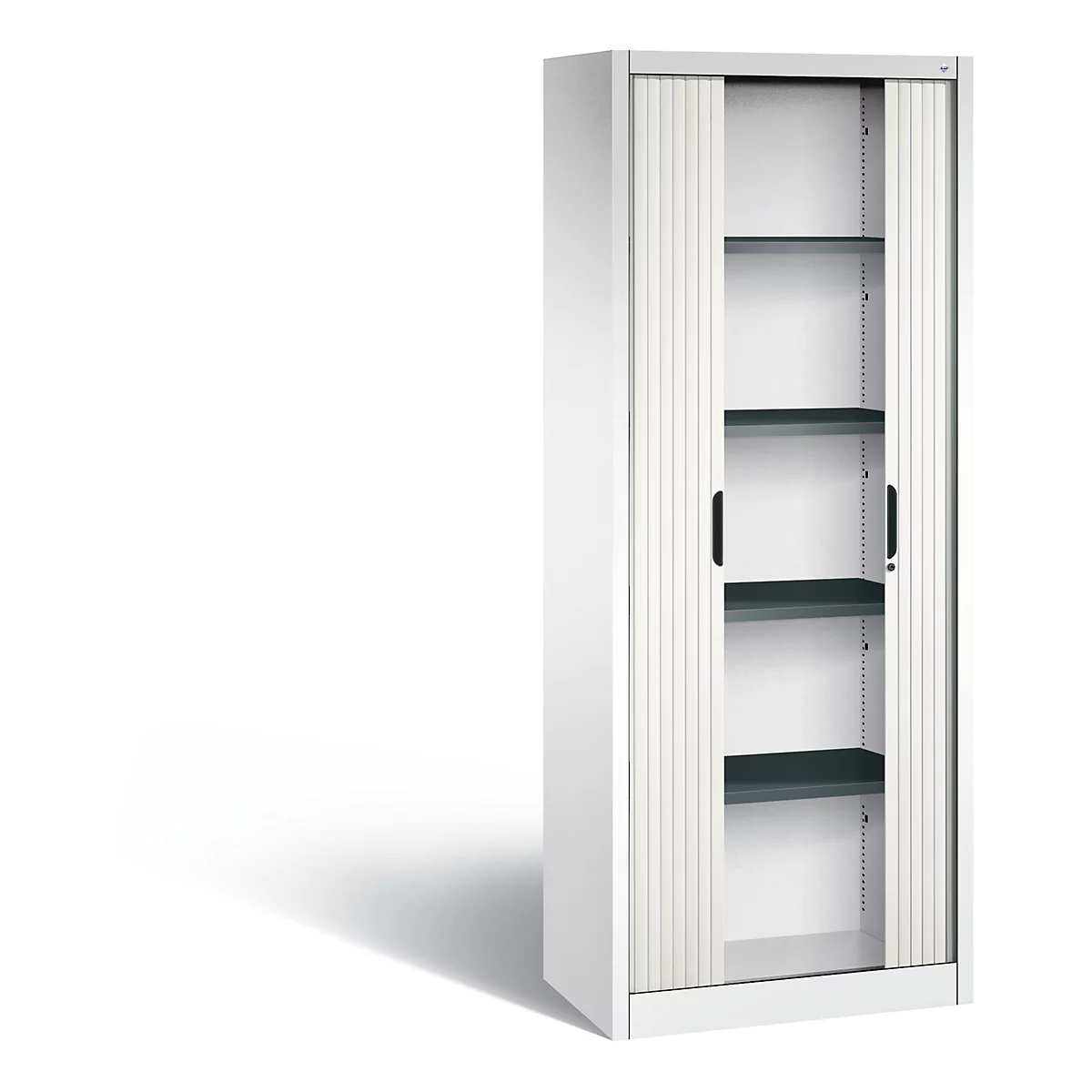 White steel cabinet with tambour doors, partially open, revealing shelves.