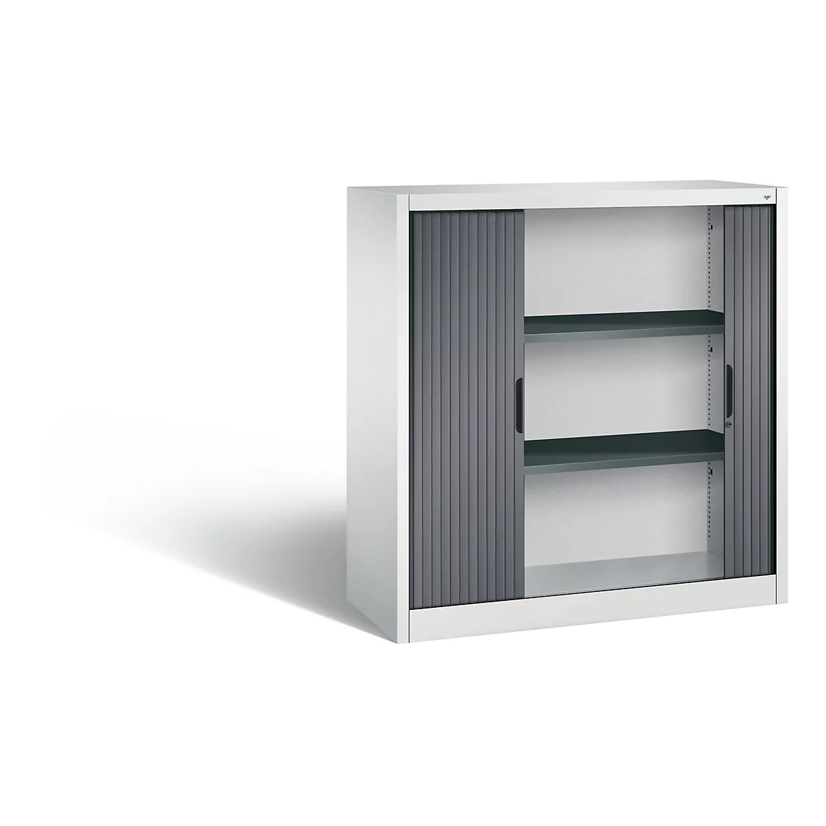 White filing cabinet with gray roller shutters and shelves.