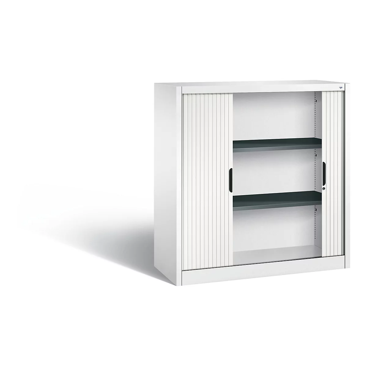 White tambour door cabinet with two gray shelves, open door, light background.