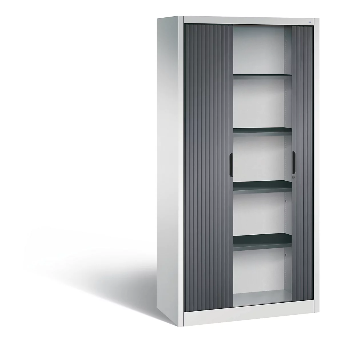 Gray cabinet with roller shutter, opened with three shelves.