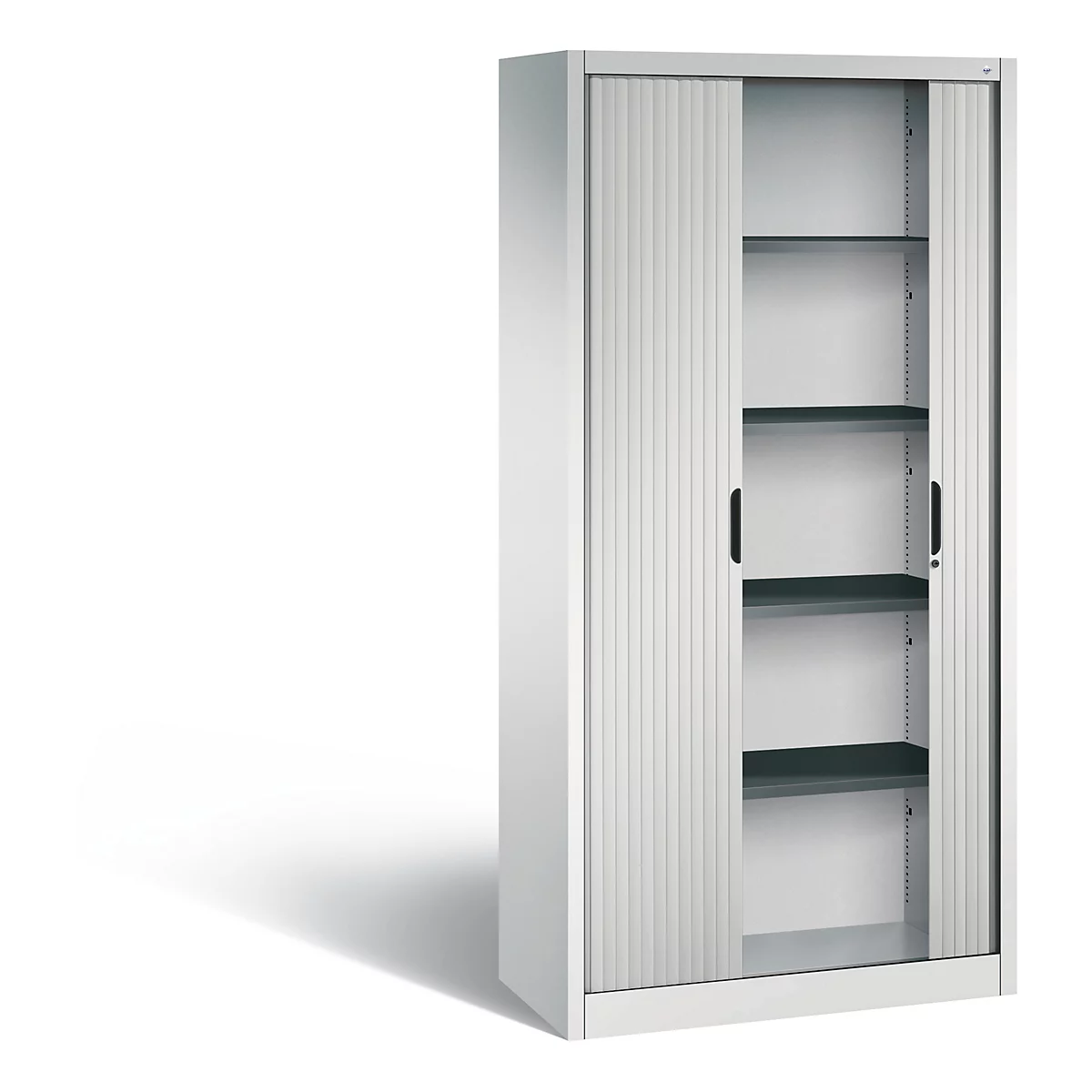 White cabinet with roller shutter and open shelves. Black handles and gray shelves.