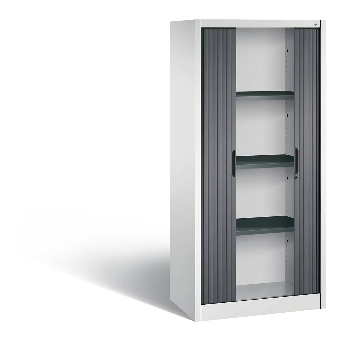 Witte kast met grijze rolluiken. Binnenin bevinden zich 3 planken.