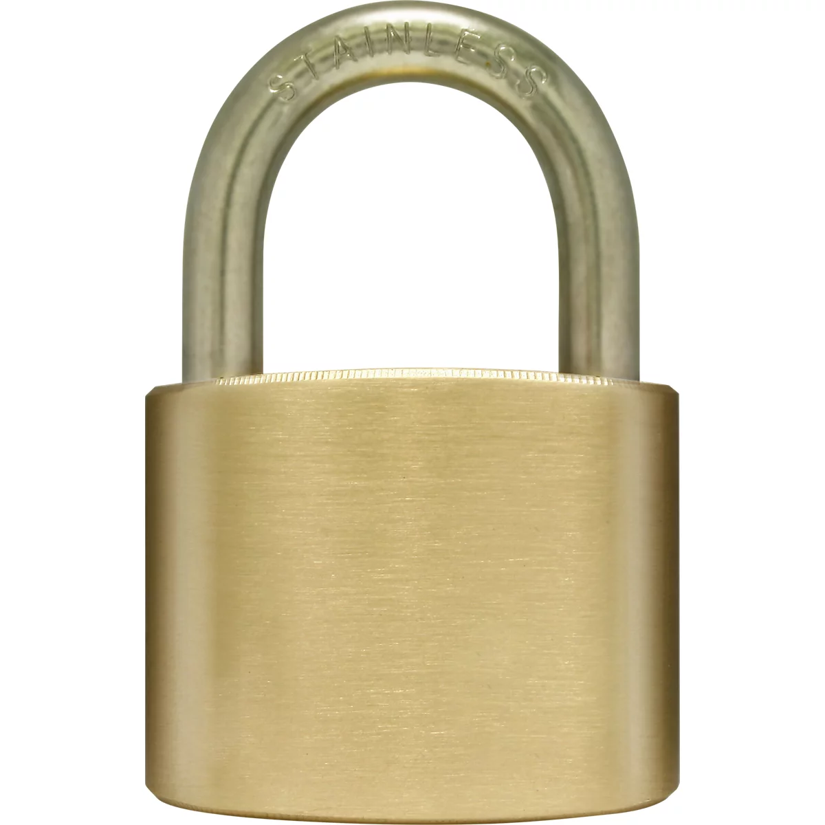 Gold padlock, with silver shackle, on a white background.