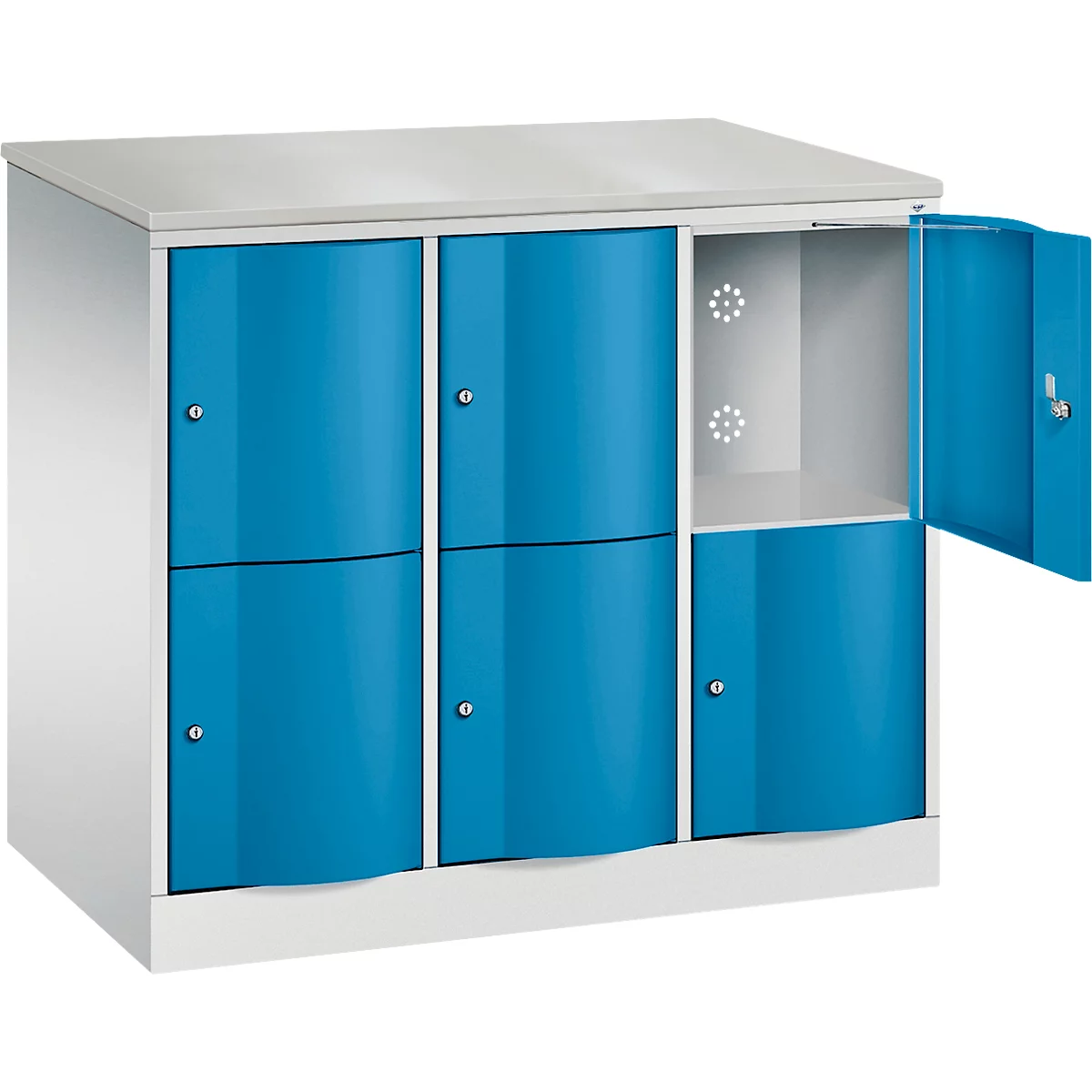 C+P Resisto lockerkast, 3 vakken, 6 vakken, B 1148 x D 640 x H 1077 mm, lichtgrijs/ gentiaanblauw