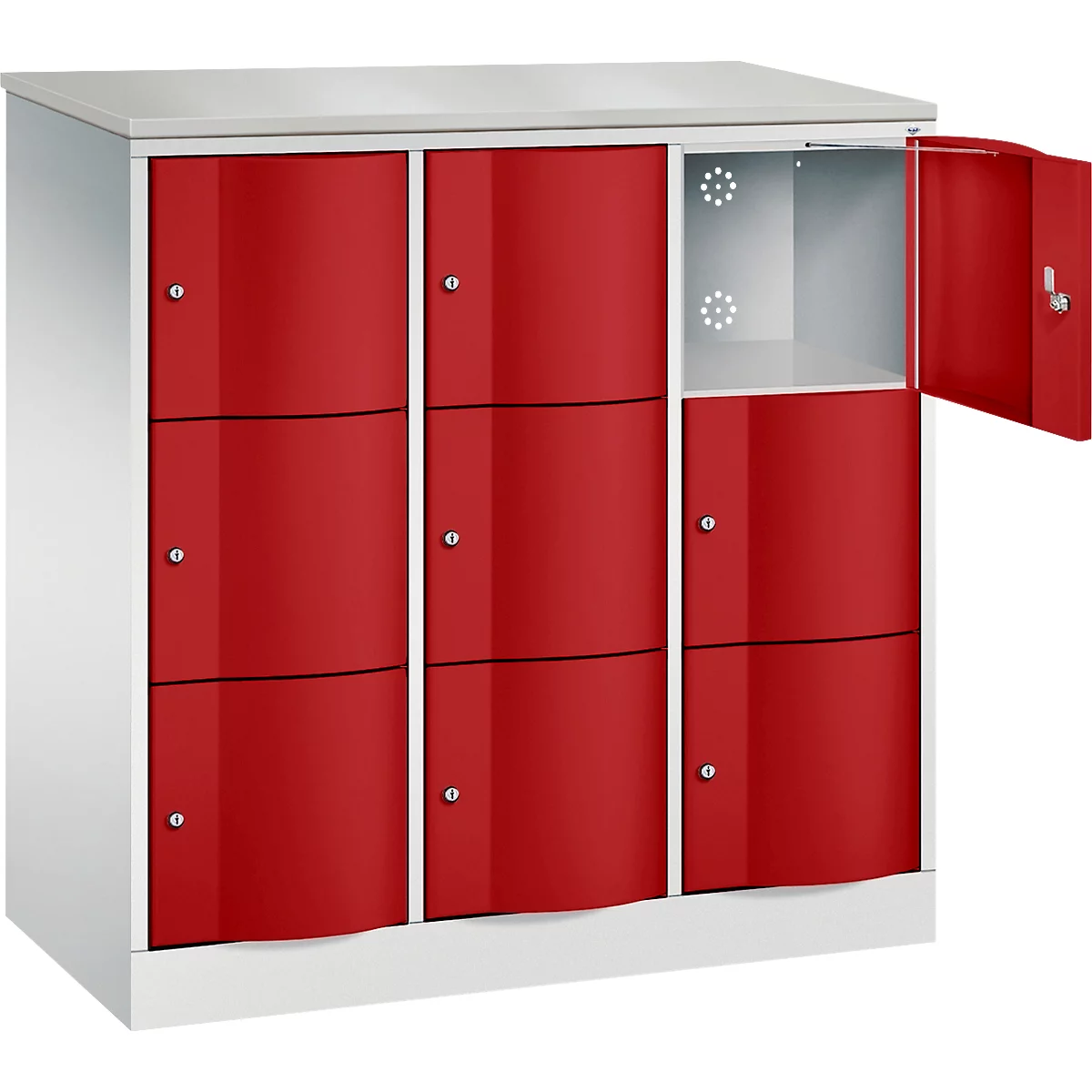 C+P Resisto lockerkast, 3 vakken, 9 vakken, B 1148 x D 540 x H 1255 mm, lichtgrijs/ruinrood