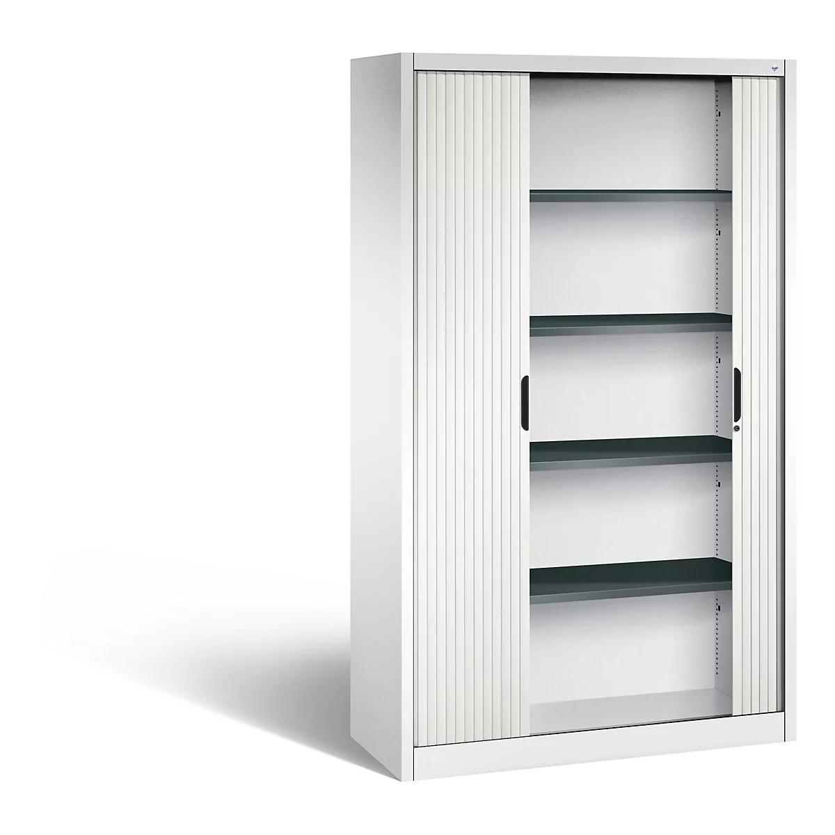 Weißer Schrank mit Rollladen. Die Schranktüren sind geöffnet, dahinter sind mehrere schwarze Einlegeböden zu sehen.