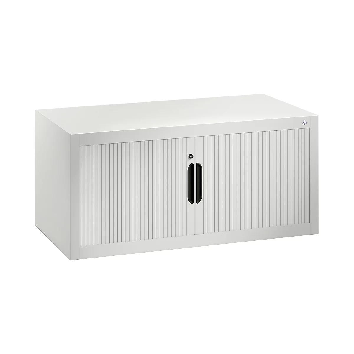 Weißer Büroschrank mit Lamellenfront und schwarzen Griffen.