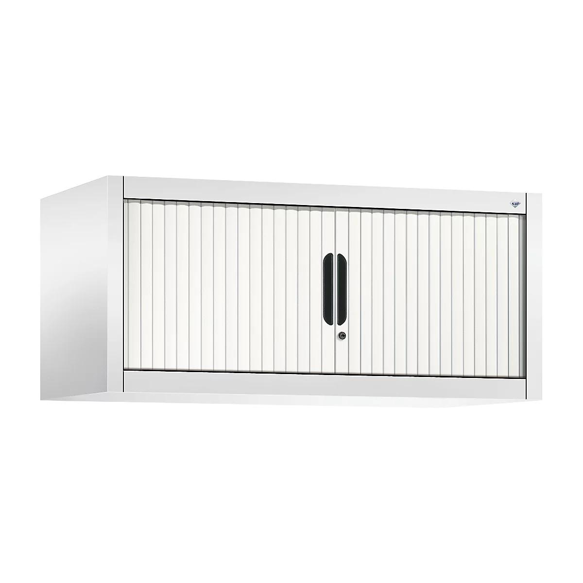 Hängeschrank in Weiß mit Lamellentür und schwarzem Griff. Der Schrank ist an der Wand montiert.