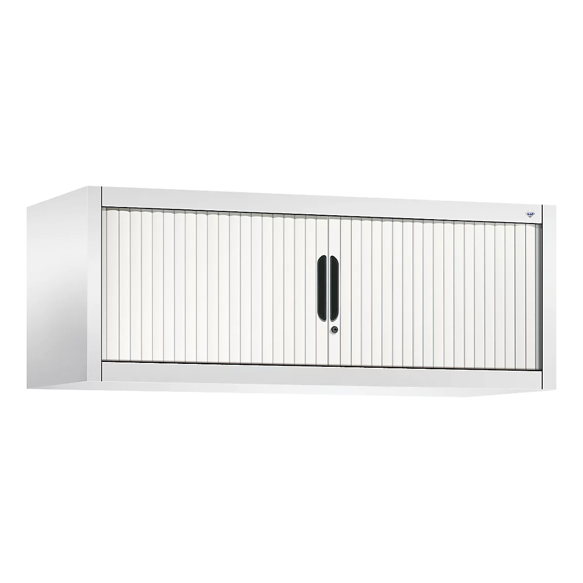 Hängeschrank mit Rollladen. Weiße Oberfläche mit schwarzen Griff und vertikalen Lamellen.