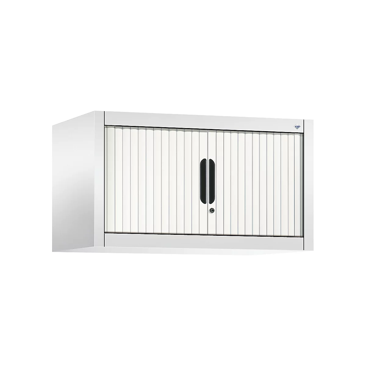 Weiße Hängeschrank mit Lamellentür, zwei schwarzen Griffen und einem Schloss.