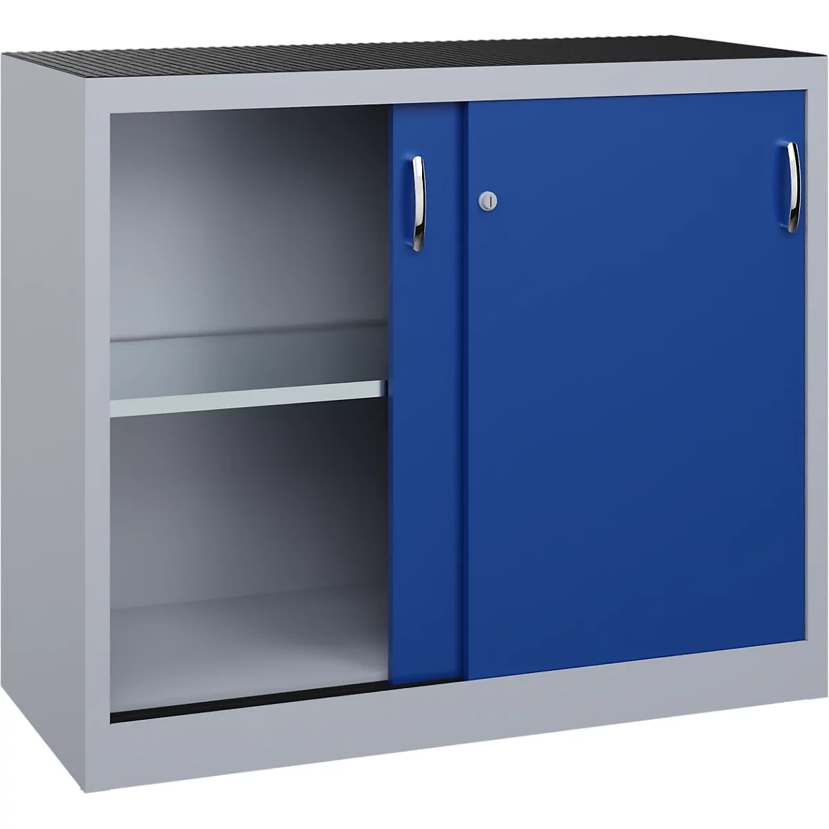 Ein grauer Metallschrank mit einer blauen Schiebetür und einem offenen Fach mit Einlegeboden.