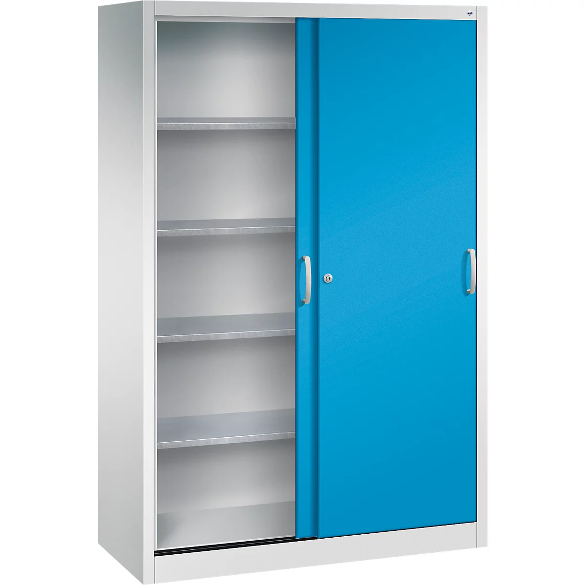 Büroschrank mit weißem Rahmen und blauer Schiebetür, halb geöffnet, mit Einlegeböden.
