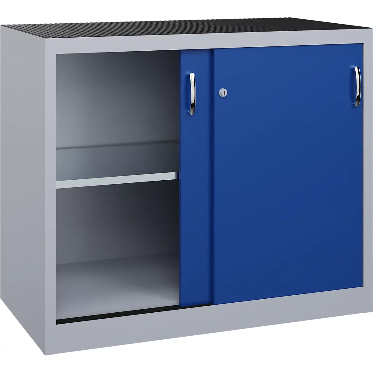 Grauer Werkstattschrank mit blauen Schiebetüren, einem offenen Fach und einem Fachboden vor weißem Hintergrund.