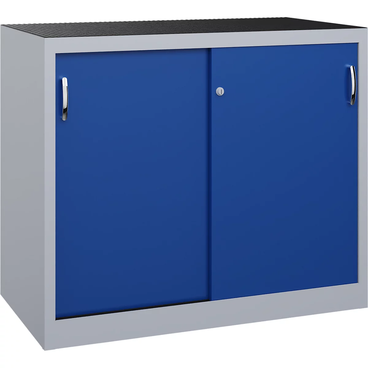 Ein blauer Metallschrank mit Schiebetüren, silbernem Rahmen und einer schwarzen Arbeitsplatte auf hellem Hintergrund.