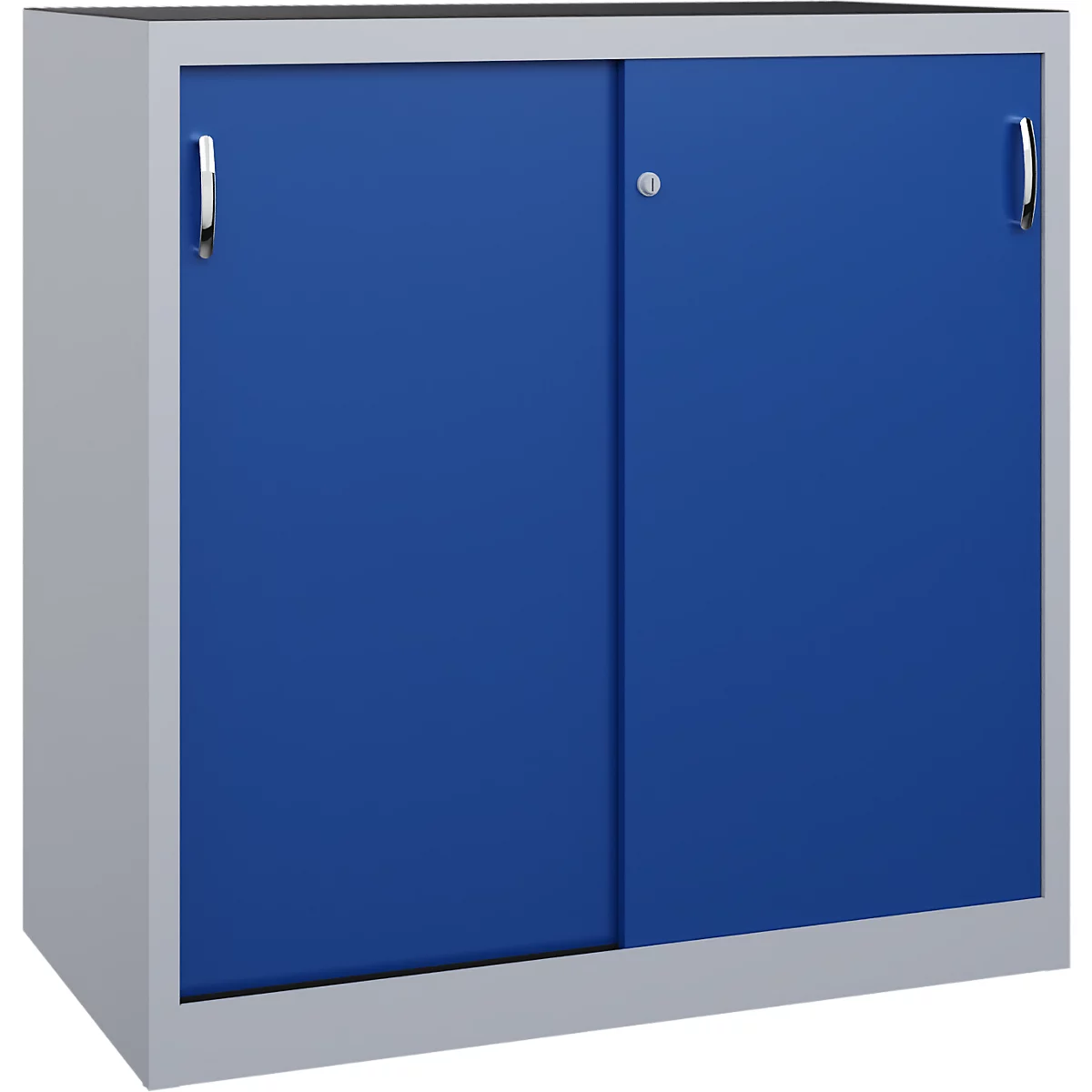 Ein grauer Metallschrank mit zwei blauen Schiebetüren und silbernen Griffen vor weißem Hintergrund.