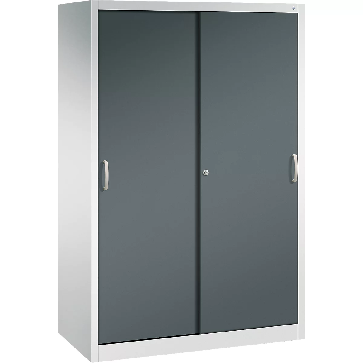 Ein weißer Metallschrank mit zwei grauen Schiebetüren und silbernen Griffen.