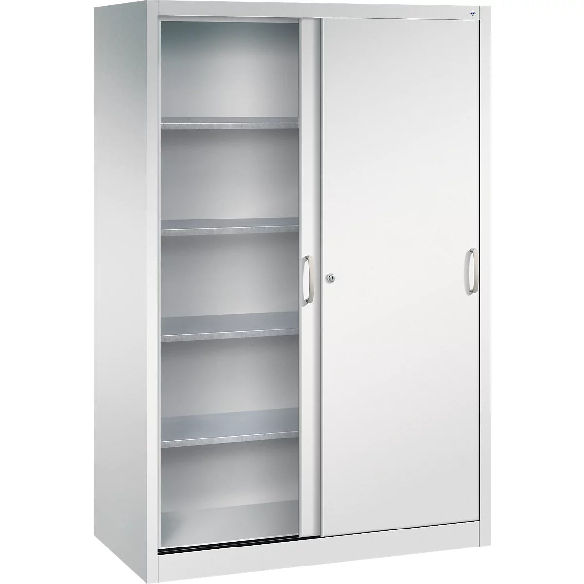 Heller Metall-Schiebetürenschrank mit offenem Fachbereich auf der linken Seite vor neutralem Hintergrund.