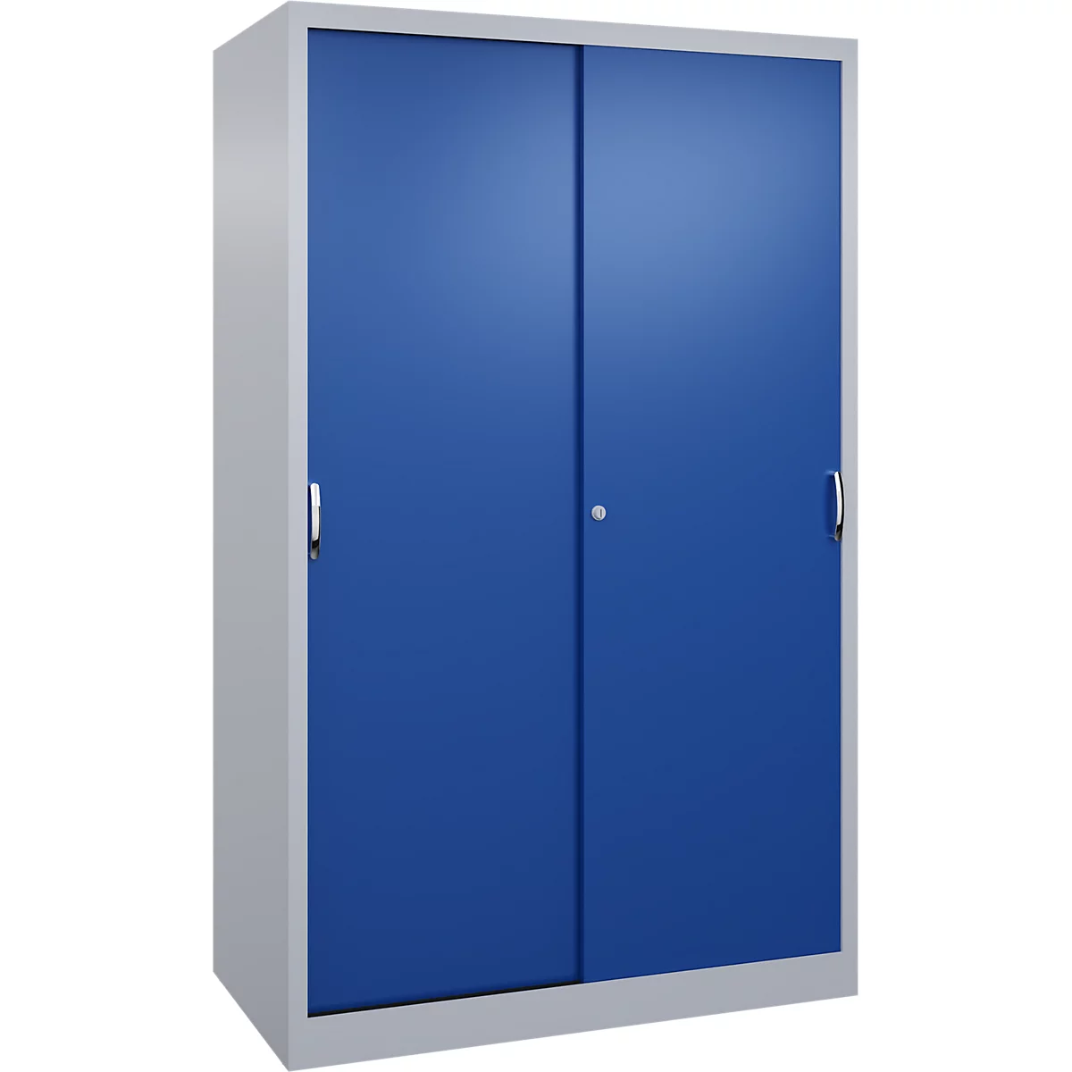 Ein grauer Metallschrank mit zwei blauen Schiebetüren vor neutralem Hintergrund.