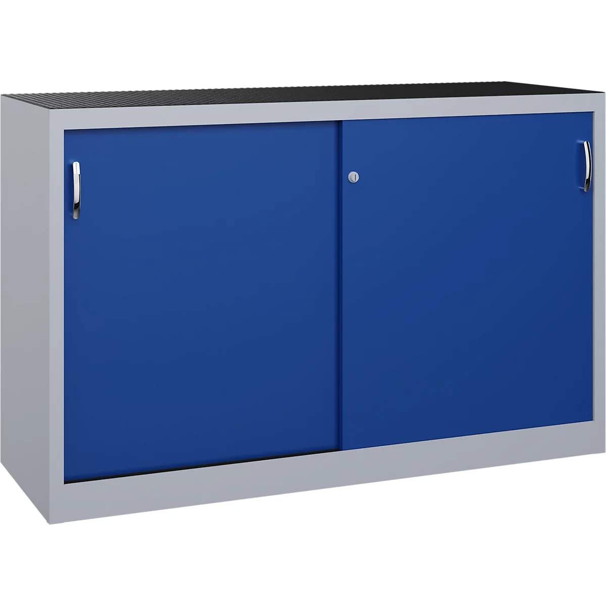 Ein blauer Metallschrank mit Schiebetüren, silbernem Rahmen und zwei chromfarbenen Griffen vor neutralem Hintergrund.