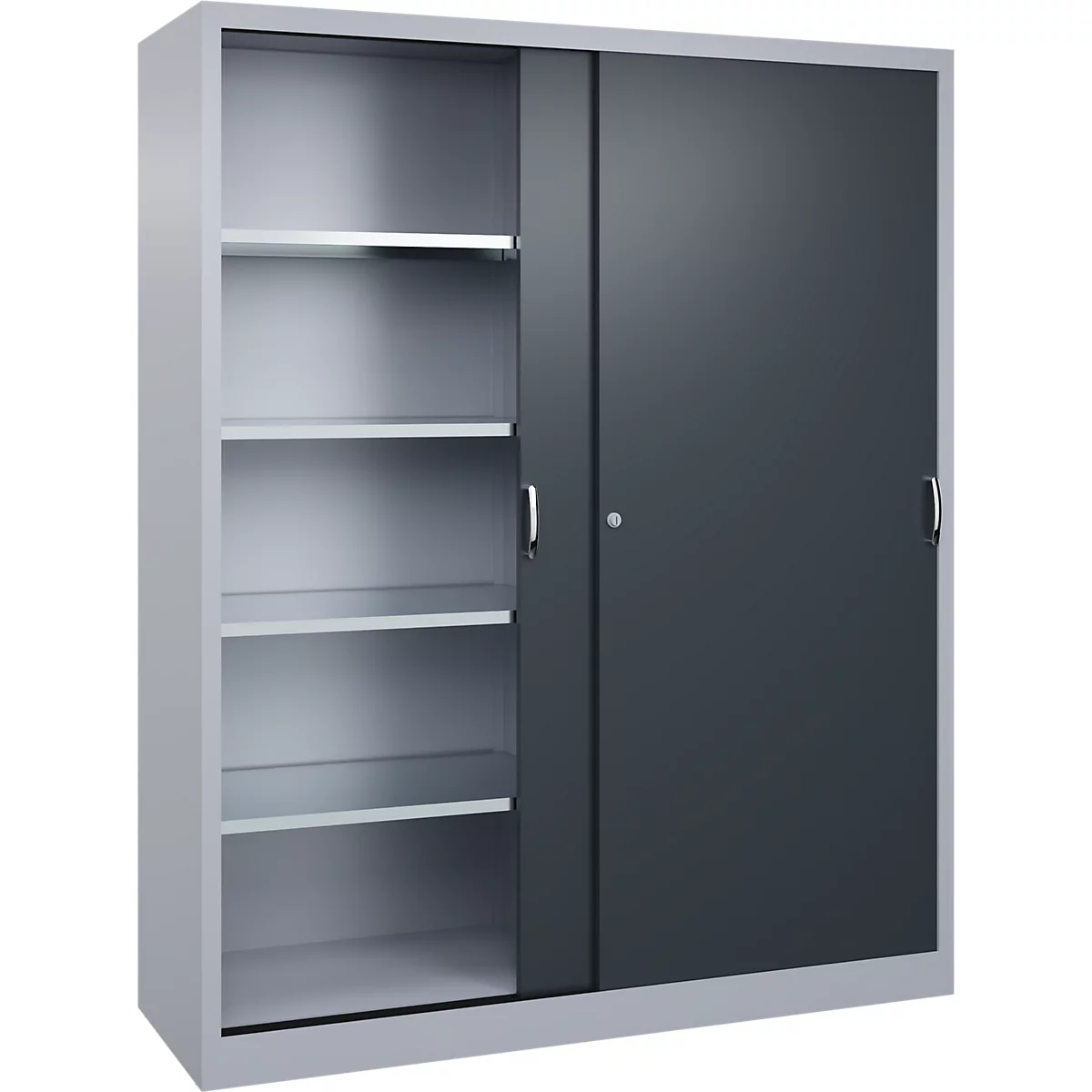 Grauer Metallschrank mit einer offenen und einer geschlossenen Schiebetür und drei Einlegeböden.