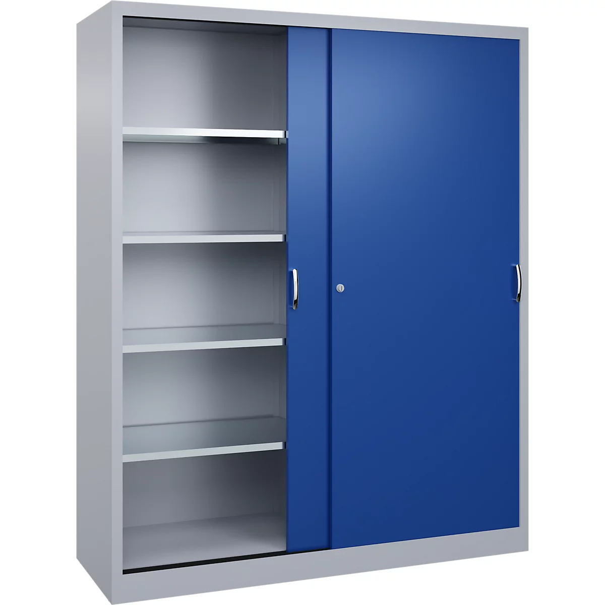 Grauer Metallschrank mit blauen Schiebetüren und vier Regalfächern vor weißem Hintergrund.