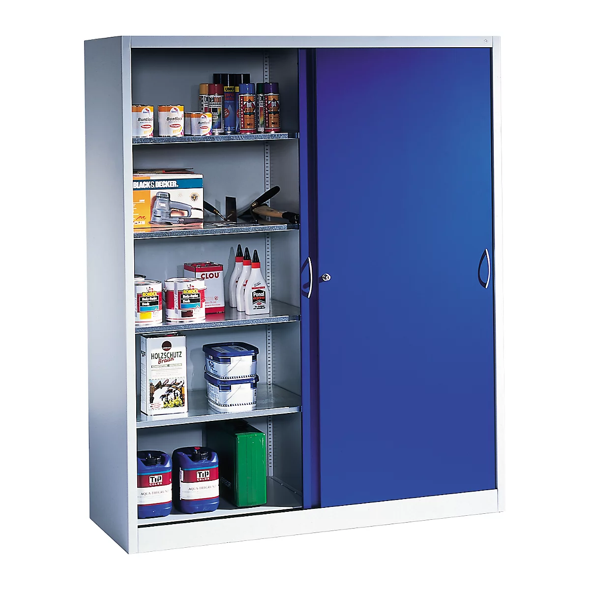 Grauer Metallschrank mit blauen Schiebetüren, gefüllt mit Werkzeugen und Farben.