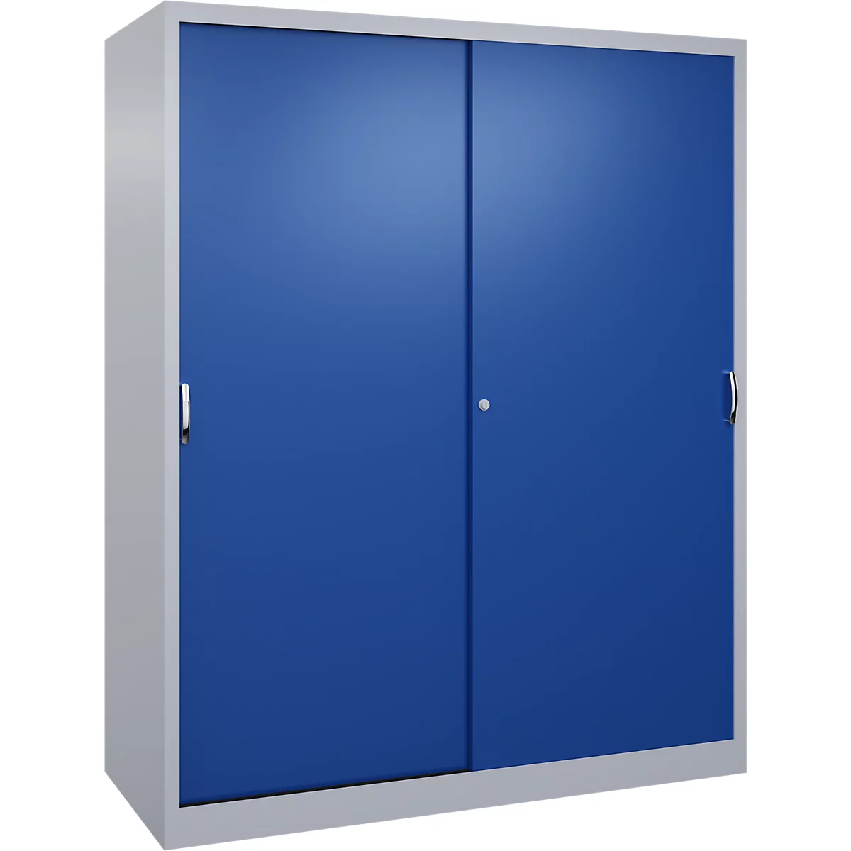 Blauer Stahlschrank mit grauer Umrandung und zwei Schiebetüren vor neutralem Hintergrund.