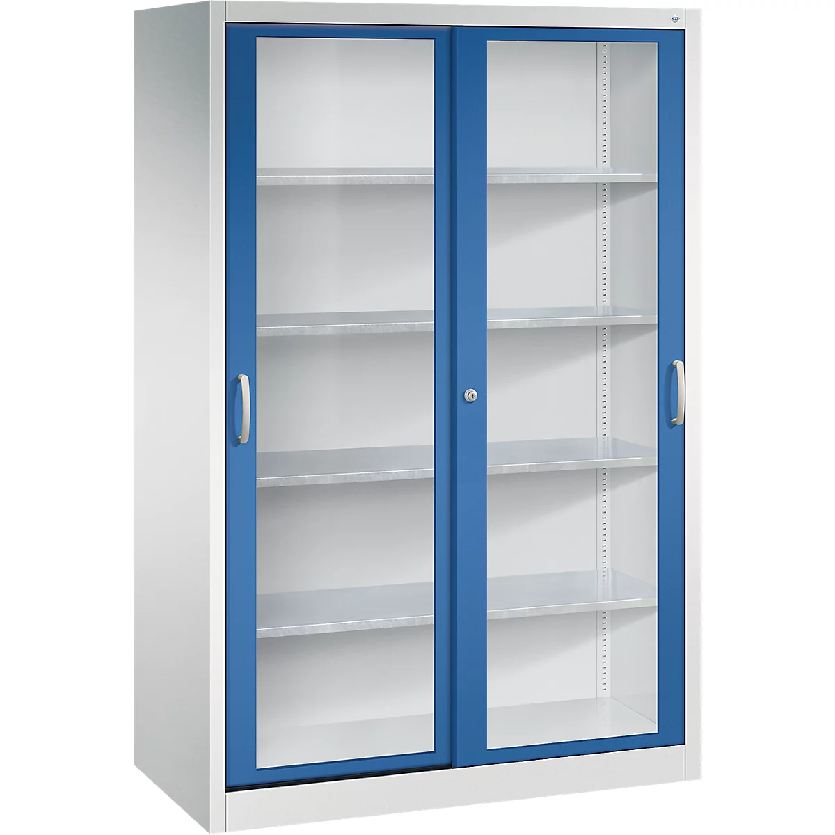 Grauer Metallschrank mit zwei blauen Glastüren und silbernen Griffen vor weißem Hintergrund.