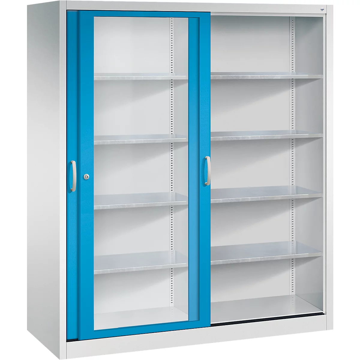 Grauer Metallschrank mit einer blauen Schiebetür mit Sichtfenster und drei Einlegeböden.