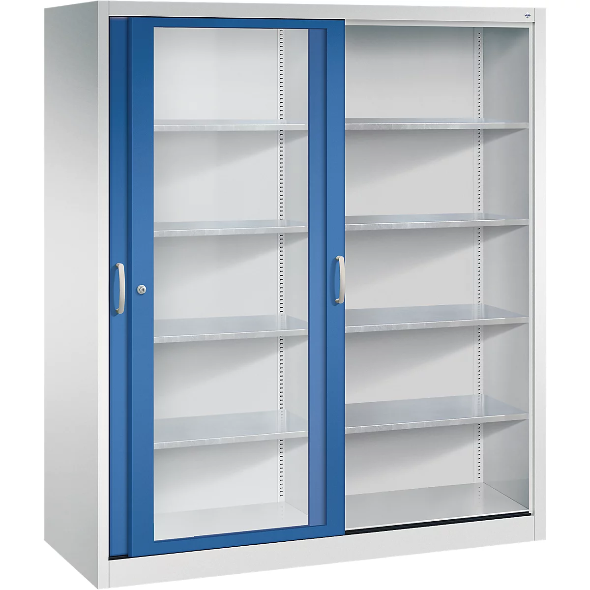 Großer weißer Stahlschrank mit zwei blauen Schiebetüren mit Glasfenstern und vier Regalfächern.