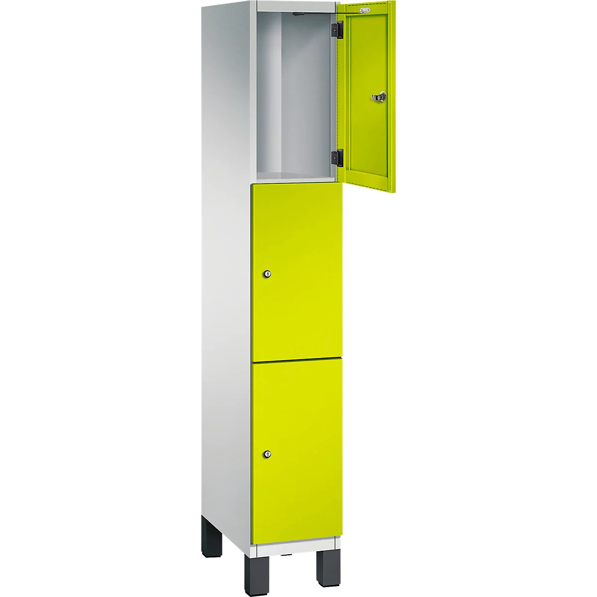 Schrank mit gelben Türen, eine offen, die andere geschlossen. Weißer Korpus, steht auf schwarzen Füßen.