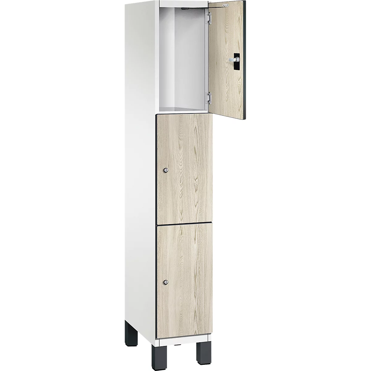 Schrank mit zwei Fächern und einer geöffneten Tür, Holzoptik, helles Holz, weißes Gehäuse.