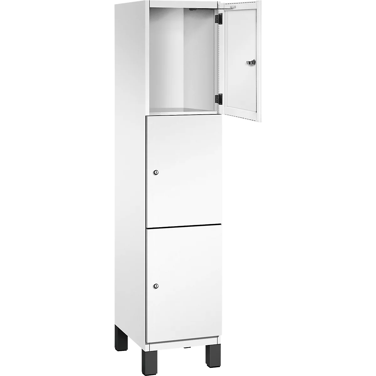 Weißer Schrank mit zwei Türen, eine davon geöffnet. Schwarze Füße.