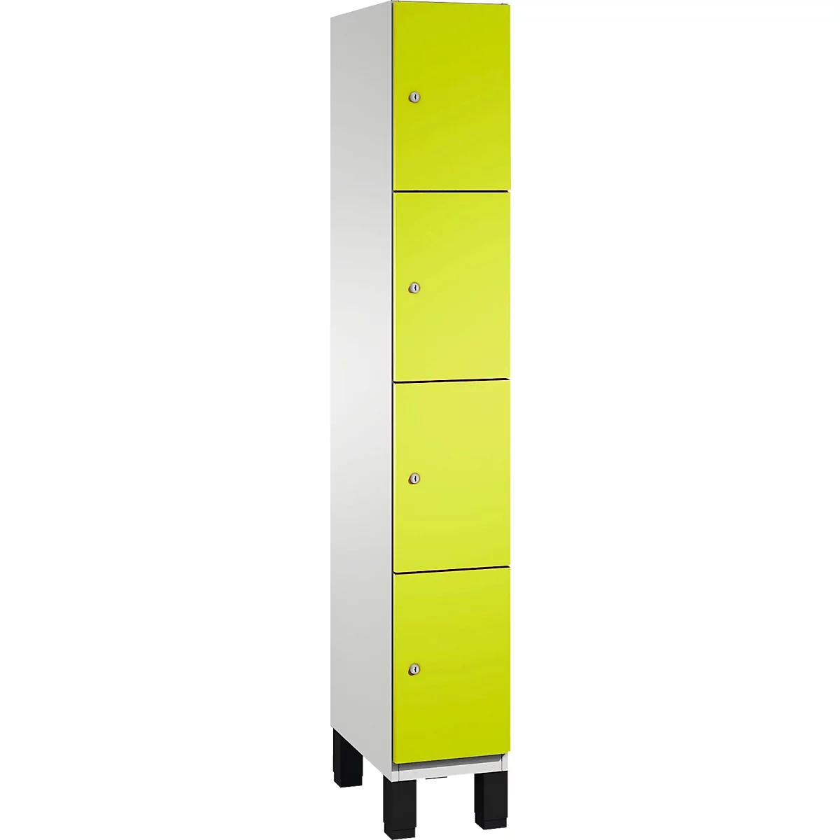 Schrank mit gelben Türen, vier Fächer, graue Knöpfe, schwarze Füße.