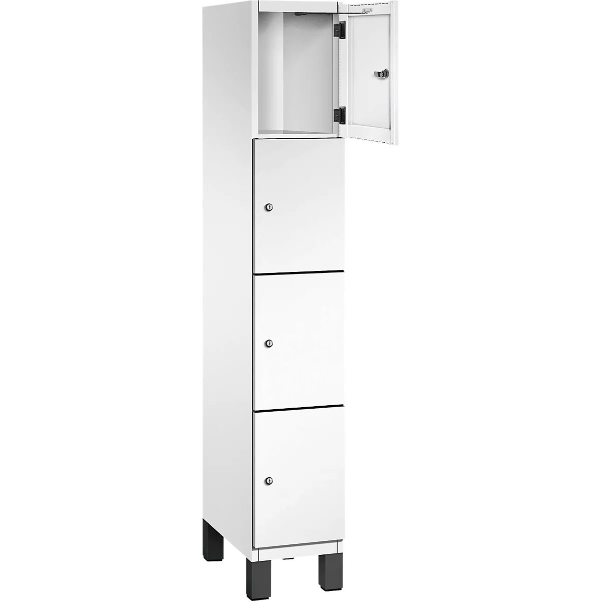 Weißer, hoher Schrank mit 4 Fächern, eine Tür offen. Schwarze Beine. 