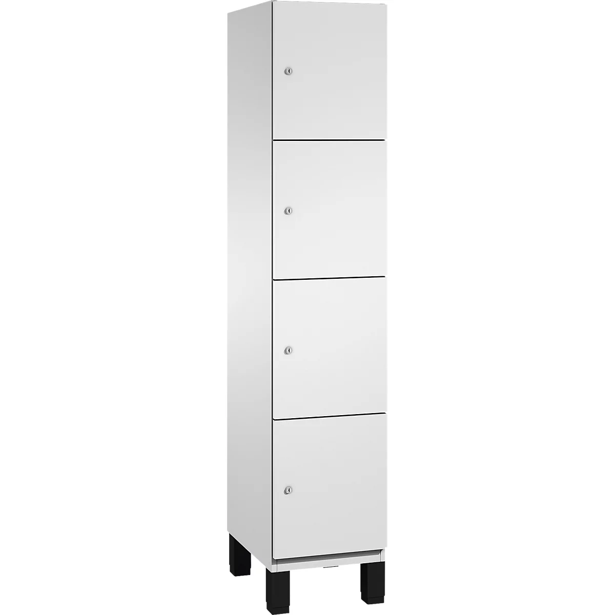 Schmaler, weißer Schrank mit vier Türen, kleinen Knöpfen und schwarzen Füßen.