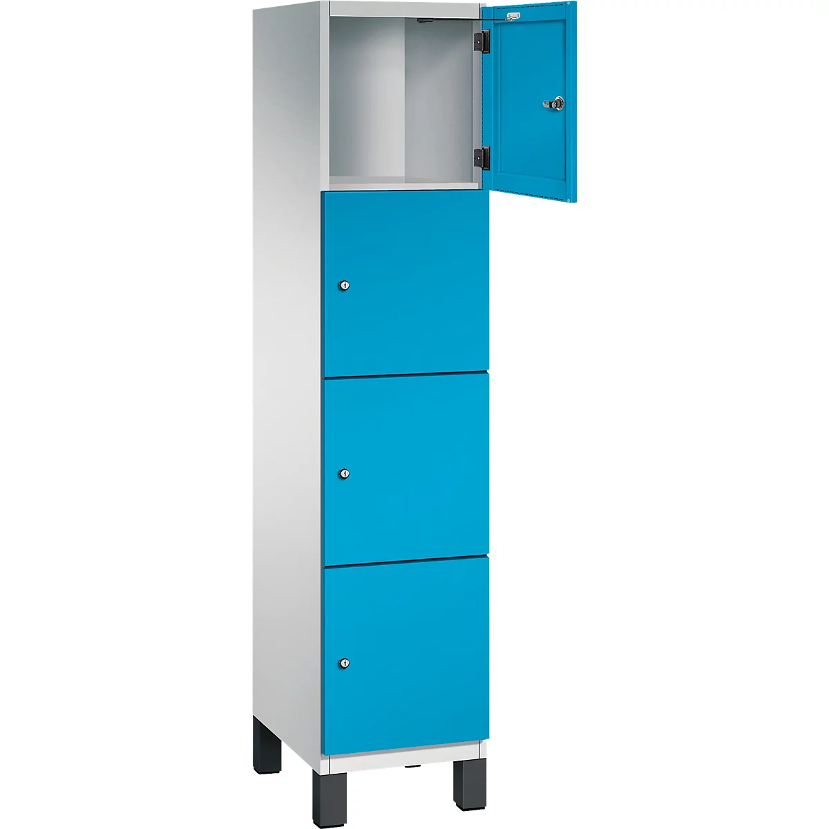 Blau-weißer Schrank mit vier Fächern, die Tür des obersten Fachs ist geöffnet.