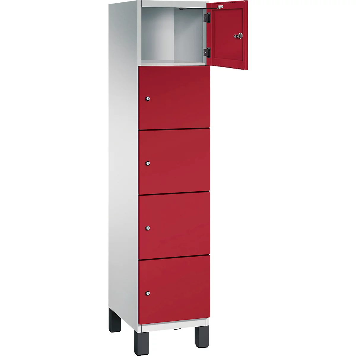 Schrank mit roter Tür, eine Tür ist geöffnet.