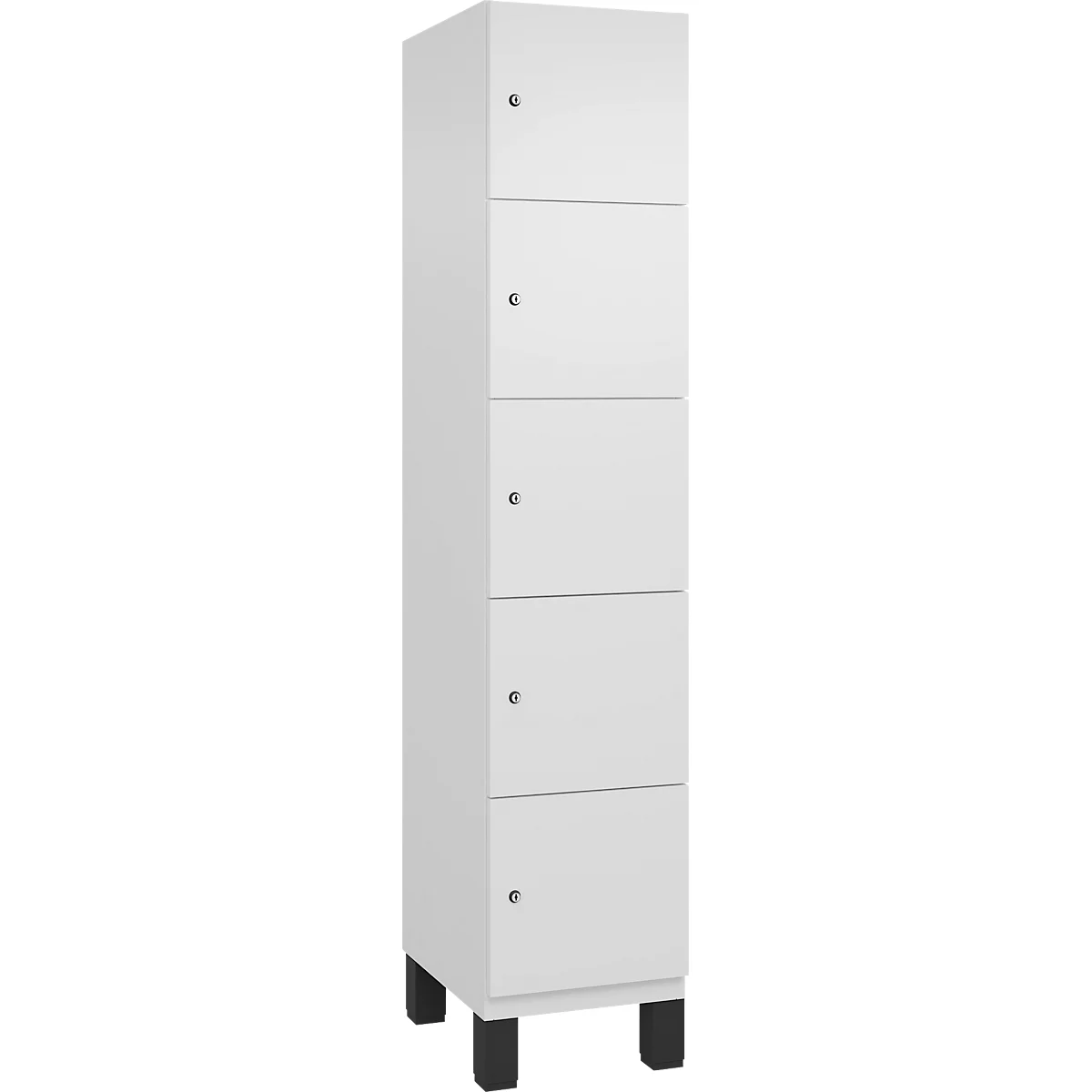 Hoher, weißer Schrank mit sechs Türen, kleinen Knöpfen und schwarzen Füßen.