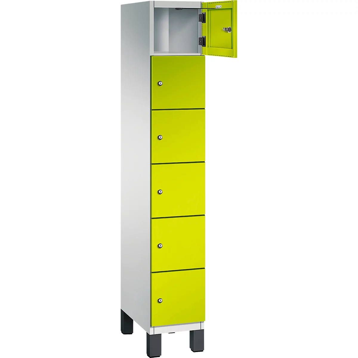 Hoher Schrank, weiß und gelbgrün, mit geöffneter Tür.