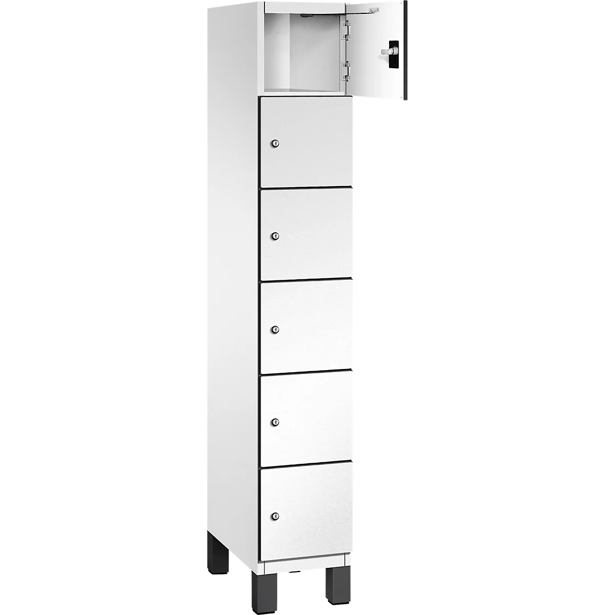 Weißer Schrank mit sechs Fächern. Obere Tür geöffnet.