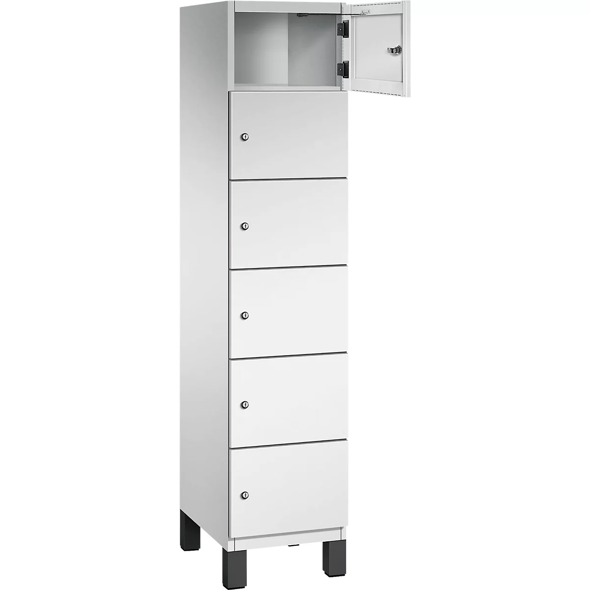 Ein weißer Schrank mit sechs Fächern, die mit kleinen Knöpfen verschlossen sind. Eine Tür ist geöffnet.