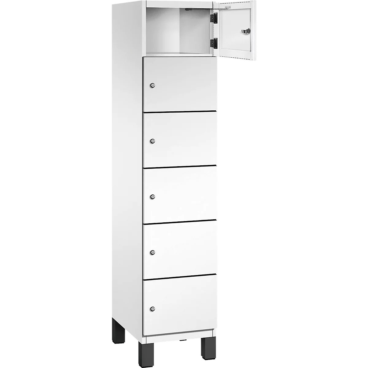 Weißer Schrank mit sechs Fächern, eines geöffnet. Auf schwarzen Füßen stehend.