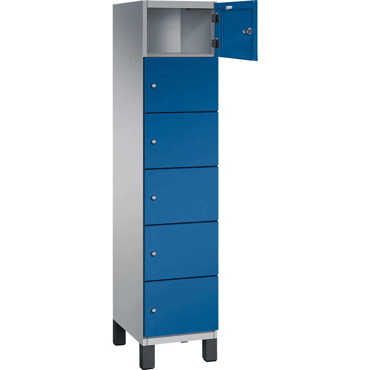 Ein grauer Schrank mit blauen Türen. Eine Tür ist geöffnet.