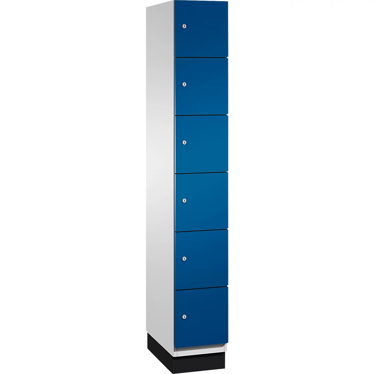 Schrank mit sechs blauen Türen und silbernen Knöpfen. Weiße Seitenteile, schwarzer Sockel.