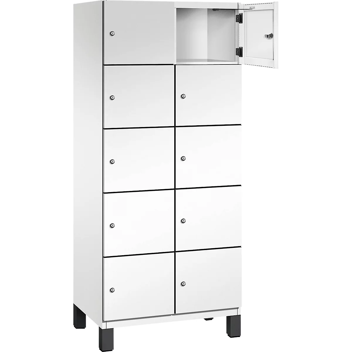 Weißer Spind mit acht Fächern, eine Tür geöffnet, graue Beschläge.
