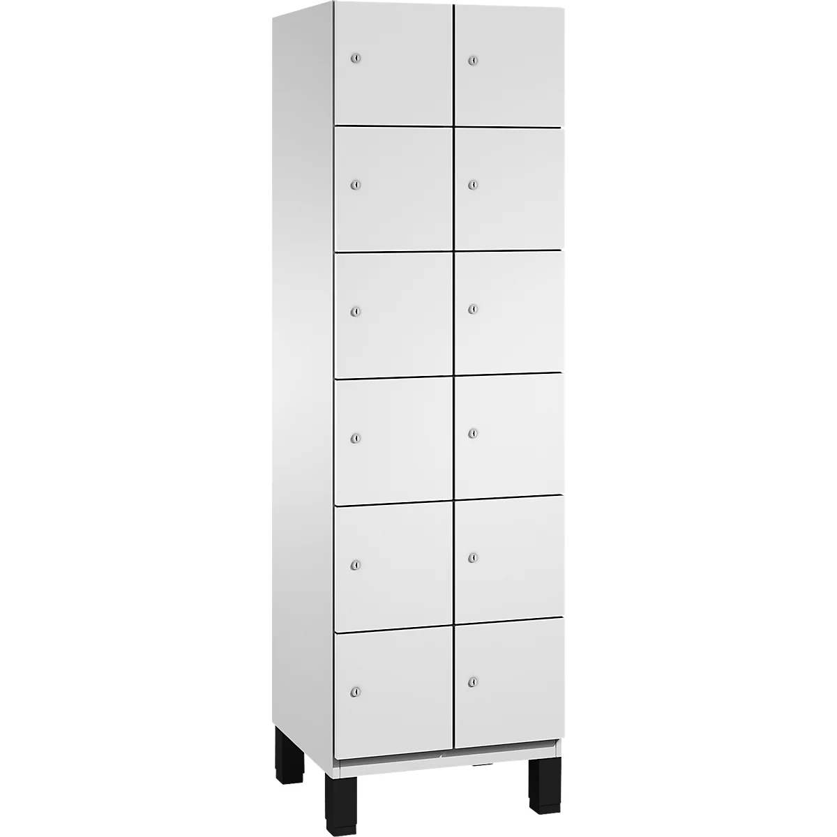 Schrank mit zehn weißen Türen, schwarzen Füßen und kleinen Knöpfen.